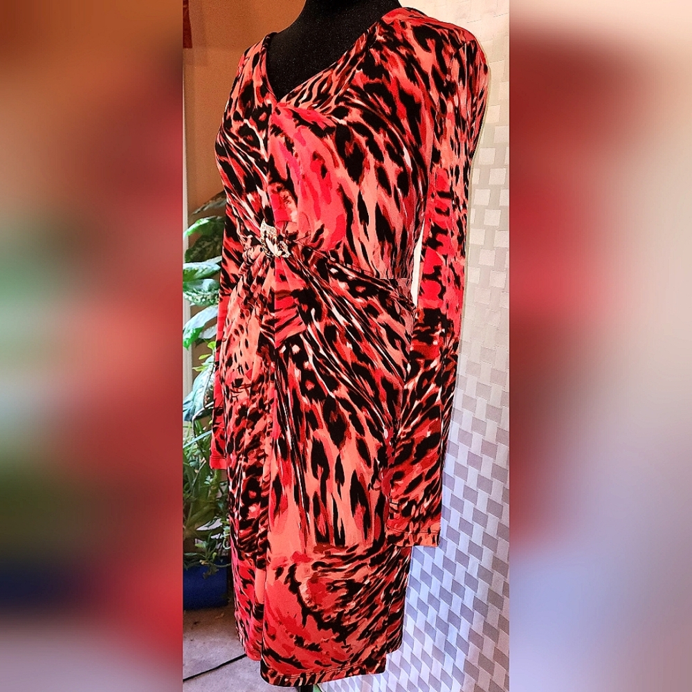 Jennifer Lopez Pink Brown Burgundy & white faux wrap animal print dress Only  XL